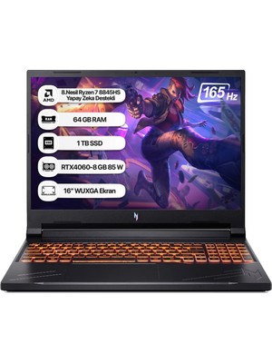 Acer Nitro V16 ANV16-41 Amd R7 8845HS 64GB 1tbssd RTX4060-8GB Dos 16" Wuxga 165Hz Taşınabilir Bilgisayar NH.QRUEY.003-64