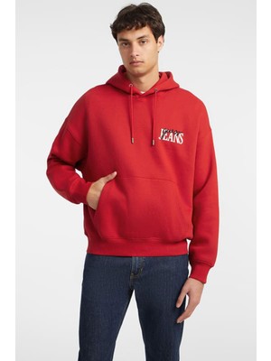 Erkek Gj Zıp Göğüs Logolu Kapüşonlu Sweatshirt - Kırmızı