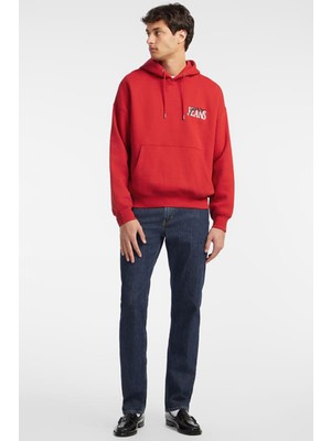 Erkek Gj Zıp Göğüs Logolu Kapüşonlu Sweatshirt - Kırmızı