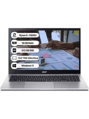 Acer Aspire 3 A315-44P Ryzen 5 5500U 16 GB 512 GB SSD WIN11 Home 15.6" Fhd 60 Hz Taşınabilir Bilgisayar NX.KSJEY.006-16