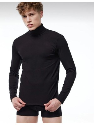 Gizem İç Giyim Erkek Uzun Kol Balıkçı Yaka Siyah Yumuşacık Penye