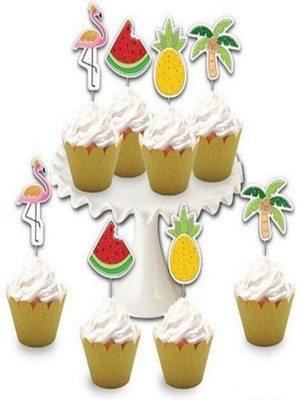 Parti Aşkı Simli Flamingo & Tropikal Meyve Şekilli 8 Adet Delüx Pasta  & Cupcake Kürdan Seti 5*6 cm