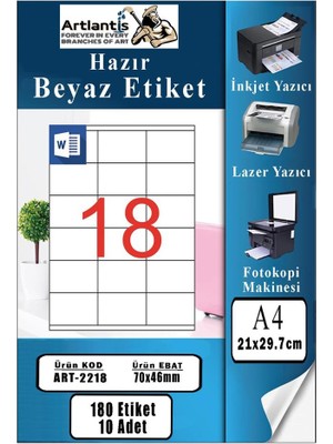 Artlantis A4 Hazır Etiket 70X46 mm 10 Sayfa 1 Paket 18 Li Kendinden Yapışkanlı Fotokopi Lazer Inkjet Kağıdı Yazıcılar Için Uyumlu