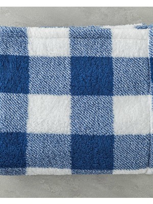 English Home Comfort Plaid Baskılı Sherpa Battaniye Mavi