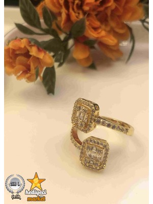 Hediyeci Market 316 L 2mm Gold Zirkon Taşlı Çift Baget Ayarlanabilir Çelik Yüzük - HMÇY-0007