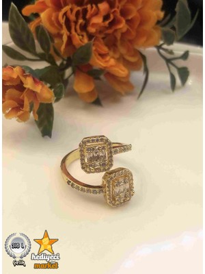 Hediyeci Market 316 L 2mm Gold Zirkon Taşlı Çift Baget Ayarlanabilir Çelik Yüzük - HMÇY-0007