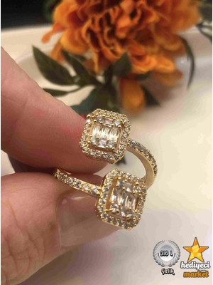 Hediyeci Market 316 L 2mm Gold Zirkon Taşlı Çift Baget Ayarlanabilir Çelik Yüzük - HMÇY-0007