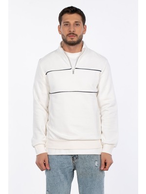 Yarım Fermuarlı Biyeli Sweatshirt - Ekru