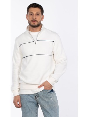 Yarım Fermuarlı Biyeli Sweatshirt - Ekru