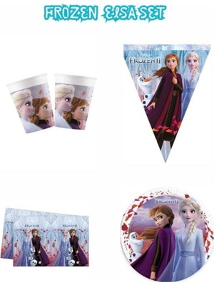 Parti Aşkı Elsa Frozen 2 Karlar Ülkesi 4'lü Doğum Günü Set (Bayrak Tabak Bardak Masa Örtüsü ) Kız Çocuk Konsept