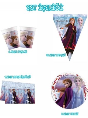 Parti Aşkı Elsa Frozen 2 Karlar Ülkesi 4'lü Doğum Günü Set (Bayrak Tabak Bardak Masa Örtüsü ) Kız Çocuk Konsept