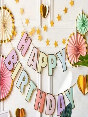 Parti Aşkı Makaron Gold Happy Birthday Banner Seti & Pastel Makaron Renk Doğum Günü Yazı Süsü