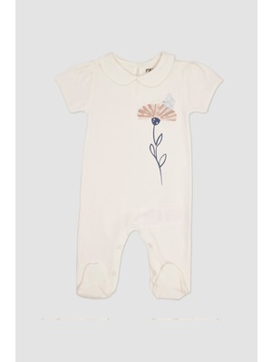 Kız Bebek Bebe Yakalı Baskılı Ekru Tulum