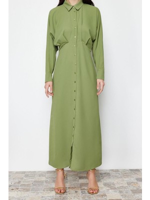 Moda Regular Günlük Jessica Dokuma Gömlek Yaka Uzun Kol Gömlek Elbise Maxi Boy Tesettür Elbise