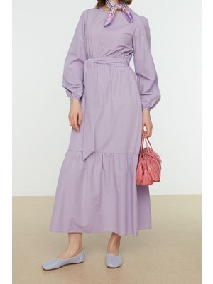 Ersefa Moda Regular Casual Günlük Terrycotton Dokuma Bisiklet Yaka Uzun Kol Skater Maxi Boy Tesettür Elbise