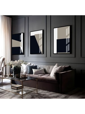 Harikabirev Siyah-Beyaz Soyut Abstract Kombin 07 |Çerçeveli Cam Tablo 3lü Dikey