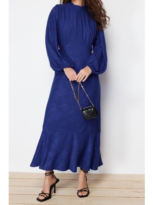 Ersefa Moda Regular Casual Günlük Jakar Dokuma Bisiklet Yaka Uzun Kol A-Line Maxi Boy Tesettür Elbise