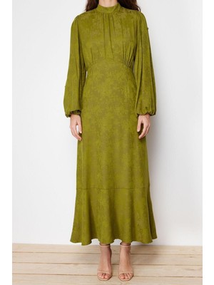 Ersefa Moda Regular Casual Günlük Jakar Dokuma Bisiklet Yaka Uzun Kol A-Line Maxi Boy Tesettür Elbise