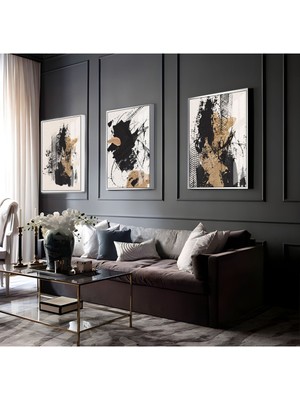 Harikabirev Gri-Gold-Siyah Soyut Abstract Kombini 07|Çerçeveli Cam Tablo 3lü Dikey