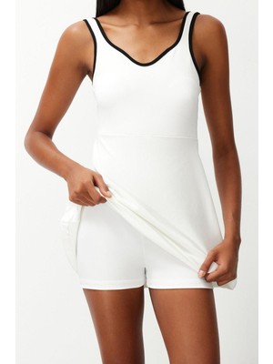 Ersefa Moda Rahat Sportswear Dalgıç Scuba Örme Asimetrik Yaka Askılı Kol A-Line Mini Boy Elbise