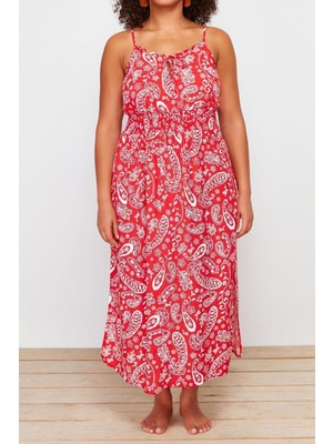 Ersefa Moda Rahat Plaj Günlük Shally Dokuma Degaje Yaka Kısa Kol Eteği Fırfırlı Midi Boy Büyük Beden Elbise