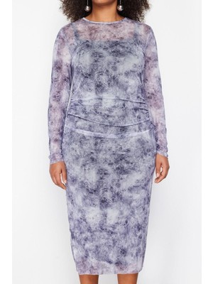 Ersefa Moda Fit Casual Günlük Tül Örme Bisiklet Yaka Uzun Kol Bodycone Midi Boy Büyük Beden Elbise