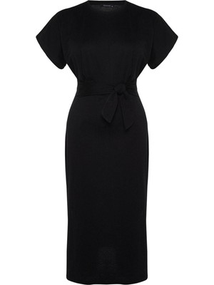 Ersefa Moda Slim Casual Günlük Süprem Örme Bisiklet Yaka Kısa Kol Shift Midi Boy Büyük Beden Elbise