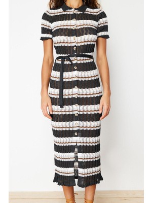 Ersefa Moda Regular Casual Günlük Tek Plaka Triko Polo Yaka Kısa Kol Shift Maxi Boy Elbise