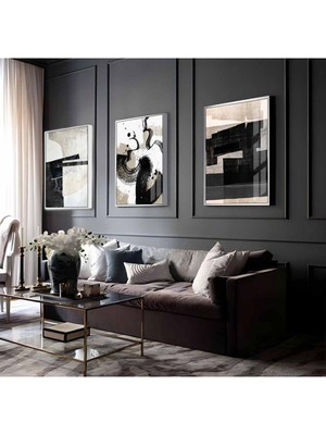 Harikabirev Gri-Gold-Krem Soyut Abstract Kombin 6 |Çerçeveli Cam Tablo 3lü Dikey