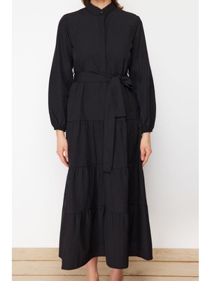 Ersefa Moda Rahat Casual Günlük Terrycotton Dokuma Dik Yaka Uzun Kol Basic Maxi Boy Tesettür Elbise