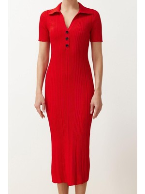 Ersefa Moda Regular Casual Günlük Tek Plaka Triko Polo Yaka Kısa Kol A-Line Maxi Boy Elbise