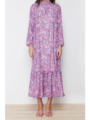 Ersefa Moda Regular Casual Günlük Queen Crep Dokuma Dik Yaka Uzun Kol A-Line Maxi Boy Tesettür Elbise