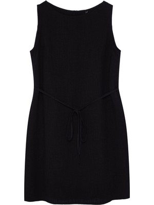 Ersefa Moda Regular Gündüz Gece Keten Karışımlı Dokuma Bisiklet Yaka Askılı Kol A-Line Mini Boy Elbise