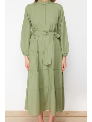 Ersefa Moda Rahat Casual Günlük Terrycotton Dokuma Dik Yaka Uzun Kol Basic Maxi Boy Tesettür Elbise