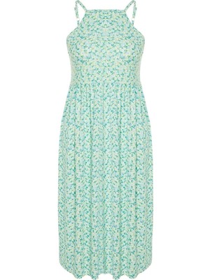 Ersefa Moda Slim Casual Günlük Bürümcük Örme Kare Yaka Askılı Kol Skater Midi Boy Büyük Beden Elbise