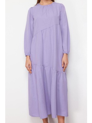 Ersefa Moda Regular Casual Günlük Terrycotton Dokuma Bisiklet Yaka Uzun Kol A-Line Maxi Boy Tesettür Elbise