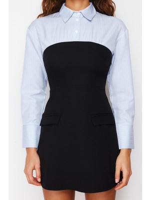 Ersefa Moda Slim Gündüz Gece Finike Dokuma Gömlek Yaka Uzun Kol Bodycone Mini Boy Elbise