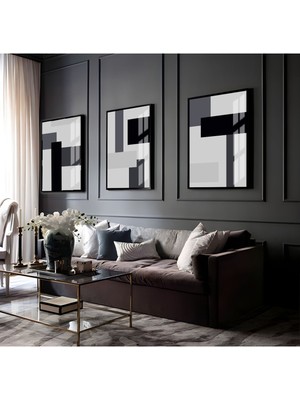 Harikabirev Antrasit Gri Modern Soyut Vektörel Çalışma |Çerçeveli Cam Tablo 3lü Dikey