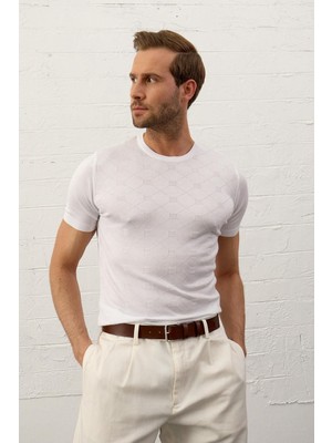 Danger Erkek Kare Desenli Slim-Fit Yazlık Triko T-Shirt Beyaz - 5020DNGR