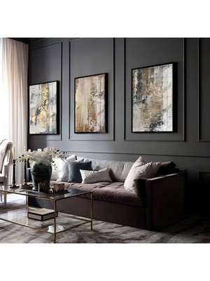 Harikabirev Gri-Gold-Siyah Soyut Abstract Kombini 05 |Çerçeveli Cam Tablo 3lü Dikey