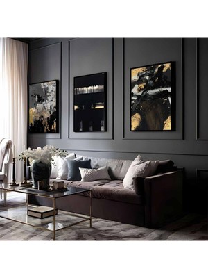 Harikabirev Gold-Siyah Soyut Abstract Kombini Modeli 3  |Çerçeveli Cam Tablo 3lü Dikey