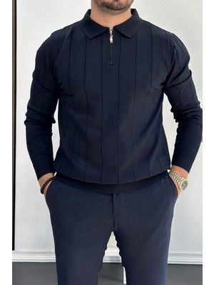 Erkek Yarım Fermuarlı Polo Yaka Mevsimlik Kazak Lacivert EDW195