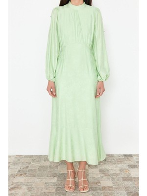 Moda Regular Casual Günlük Jakar Dokuma Bisiklet Yaka Uzun Kol A-Line Maxi Boy Tesettür Elbise