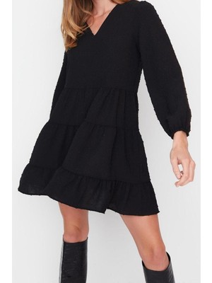 Ersefa Moda Rahat Casual Günlük Aerobin Dokuma V Yaka Uzun Kol Shift Mini Boy Elbise