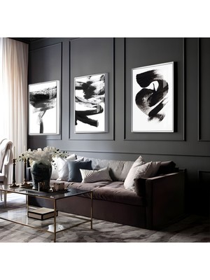 Harikabirev Siyah-Beyaz Soyut Abstract Kombin 02 |Çerçeveli Cam Tablo 3lü Dikey