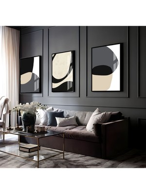 Harikabirev Antrasit Gri-Krem Modern Soyut Vektörel 3 Çalışma |Çerçeveli Cam Tablo 3lü Dikey