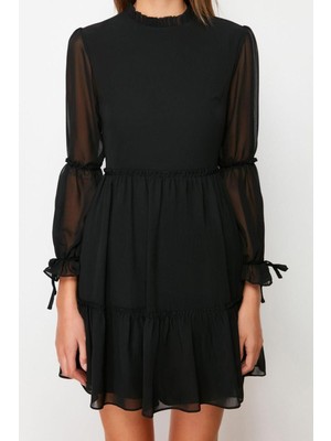 Ersefa Moda Regular Gündüz Gece Şifon Dokuma Dik Yaka Uzun Kol Skater Mini Boy Elbise