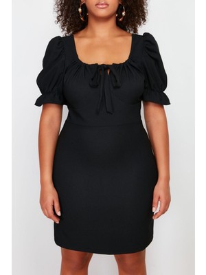 Ersefa Moda Fit Şık Abiye Gece Finike Dokuma Kalp Yaka Kısa Kol A-Line Mini Boy Büyük Beden Elbise