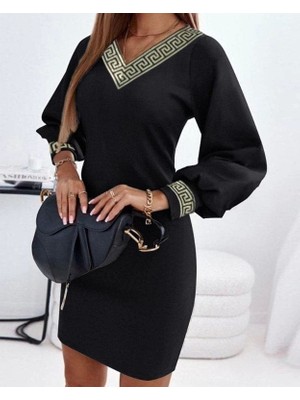 Kadın Uzun Kollu V Yaka Kol ve Yaka Ribana Detay Krep Mini Boy Elbise
