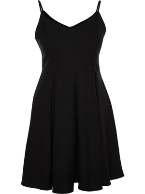 Ersefa Moda Rahat Düğün Nikah Krep Dokuma V Yaka Askılı Kol Skater Mini Boy Büyük Beden Elbise